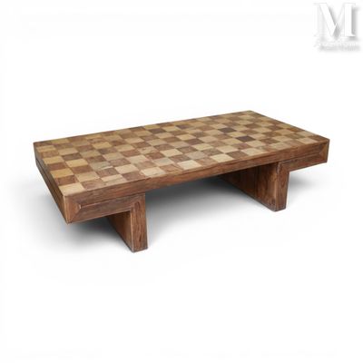 an image of a wooden coffee table with a checkered pattern on it