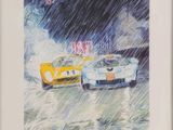 a painting of two sports cars driving in the rain