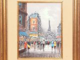 tableau représentant des personnes marchant sous la pluie, un parapluie à la main, devant la Tour Eiffel