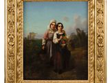 a painting of two young girls in a field with flowers