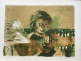 painting of a young girl sitting at a table reading a book