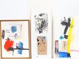 three paintings of different colors on a white wall