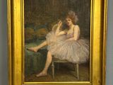 painting of a woman in a pink dress sitting on a chair