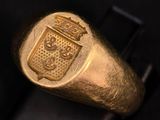 a close up of a gold ring with a coat of arms on it