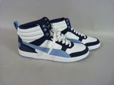 blue and white high top sneakers with blue accents on a white background