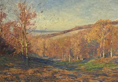 painting of a landscape with trees in the foreground and hills in the background