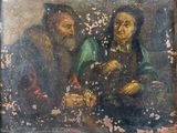 an old painting of two men and a woman sitting at a table