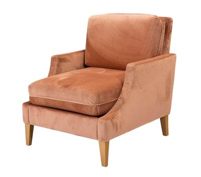 a brown chair with wooden legs and a tan upholstered seat