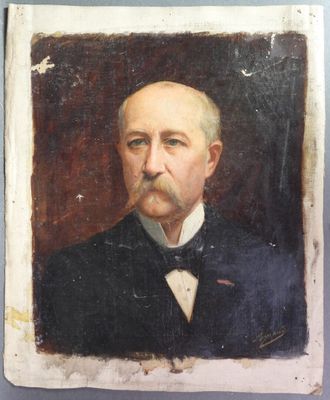 un vieux tableau représentant un homme moustachu portant un nœud papillon