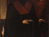 un vieux tableau représentant un homme vêtu d'une robe noire et d'un col rouge