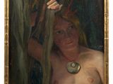an image of a painting of a woman holding a piece of wood