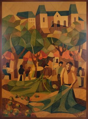 painting of a painting of people on a beach with houses in the background