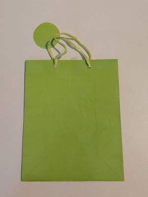 un sac en papier vert muni d'une ficelle