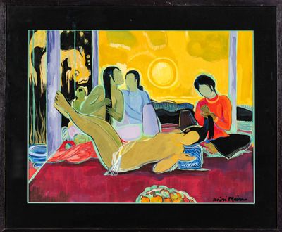 un tableau représentant trois personnes assises sur un lit