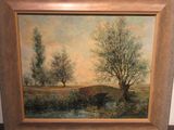 une peinture à l'huile représentant un pont enjambant une rivière, avec des arbres en arrière-plan