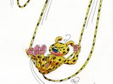 drawing of a cheetah on a swing with a flower in its mouth