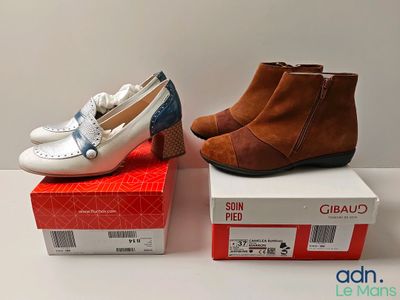 two pairs of women ' s shoes sitting on top of a box