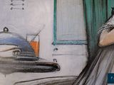 a drawing of a woman in a long dress in a kitchen