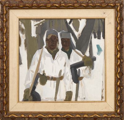 une peinture à l'huile représentant deux hommes munis de pelles dans un paysage enneigé
