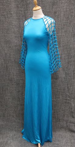 LORIS AZZARO – Robe longue de soirée fluide bleu canard, dos et m...