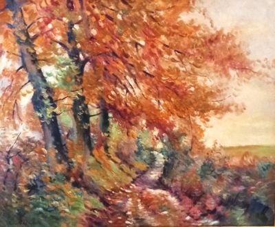 une peinture à l'huile représentant un sentier dans une zone boisée, avec des arbres au premier plan