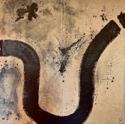a painting on the wall of a building with a black pipe sticking out of it