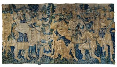 une image représentant une tapisserie sur laquelle figure un groupe de personnes