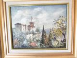 painting of a castle with a flag on top of it in a gold frame