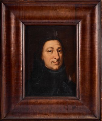 a painting of a man in a black coat and a brown hat