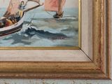 a painting of a boat in the water with other boats in the background