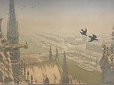 un tableau représentant des oiseaux survolant une ville avec des immeubles