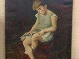 tableau représentant un jeune garçon assis sur un tabouret en train de lire un livre