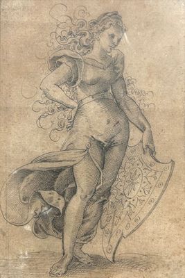 un dessin représentant une femme nue tenant un bouclier et un bouclier