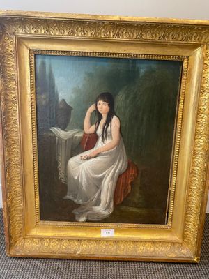 a painting of a woman in a white dress sitting on a chair