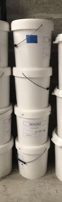 several white buckets stacked on top of each other on a shelf