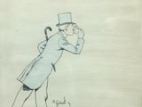 an old drawing of a man in a top hat and coat holding a cane