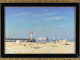 an oil painting of a beach scene with sailboats and a pier