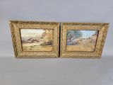 two framed paintings of a landscape with trees and a river