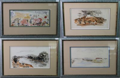 quatre tableaux encadrés représentant diverses aquarelles accrochés au mur