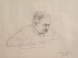 pencil drawing of a man sitting at a table with a book