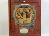 an old fashioned wooden clock with a picture on it