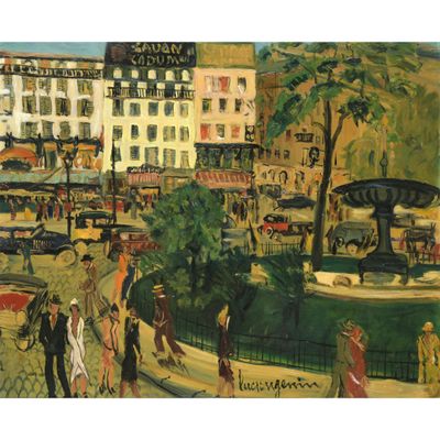 une image représentant un tableau où l'on voit des gens se promener sur une place de ville