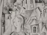pencil drawing of a woman in a village with a church in the background