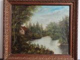 a painting of a river scene with a house and a boat