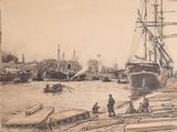 un dessin représentant un bateau dans l'eau, avec d'autres bateaux en arrière-plan
