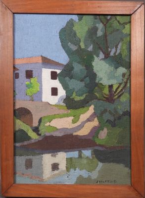 une image d'un tableau représentant une maison au bord de l'eau