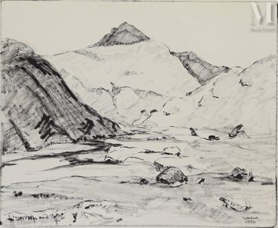 dessin représentant un paysage avec des montagnes et une rivière au premier plan
