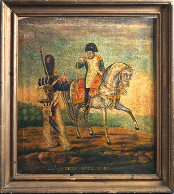 un vieux tableau représentant un homme à cheval dans un champ