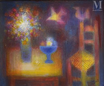 une peinture représentant un vase de fleurs sur une table