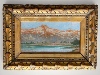 an oil painting of a mountain scene with a lake in the foreground